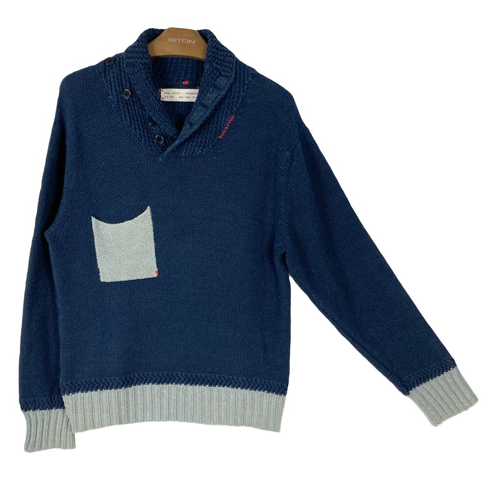YIGAL AZROUEL Sweater Men M Blue Cotton-Linen Shawl-Neck Oversized Grey-Trim